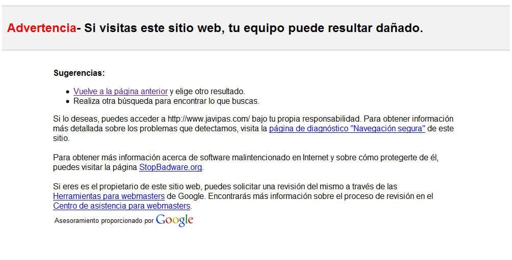 Google: "Este sitio puede dañar tu equipo" [Actualizado y II]