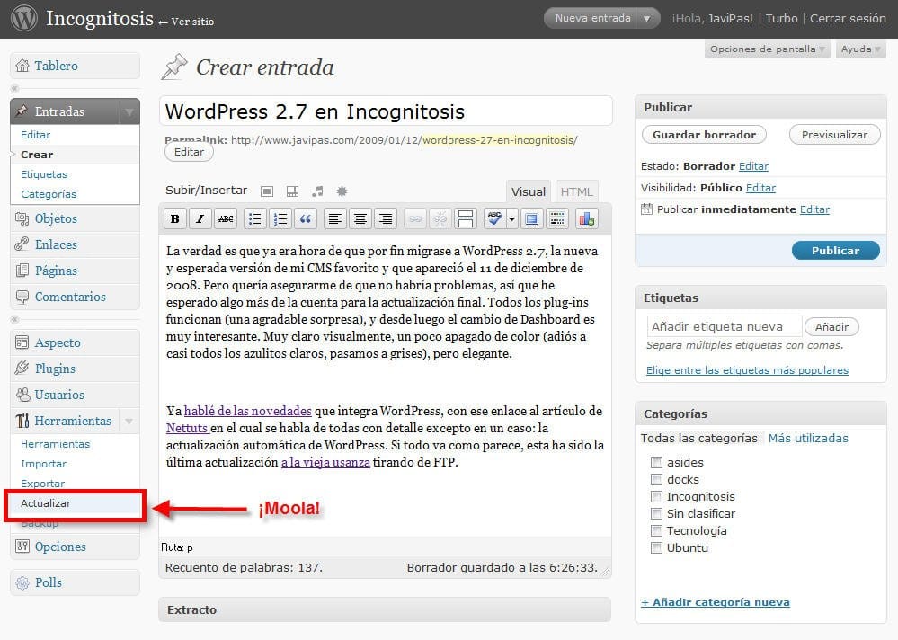 WordPress 2.7 en Incognitosis