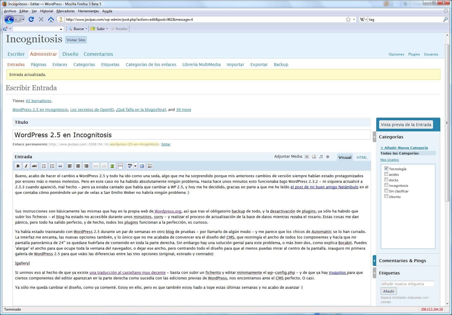 WordPress 2.5 en Incognitosis
