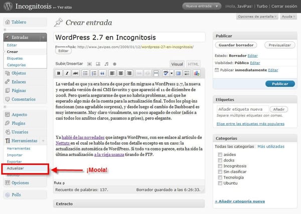 WordPress 2.7 en Incognitosis