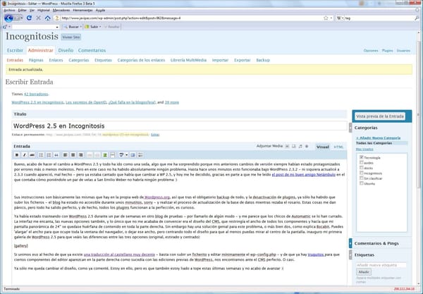 WordPress 2.5 en Incognitosis